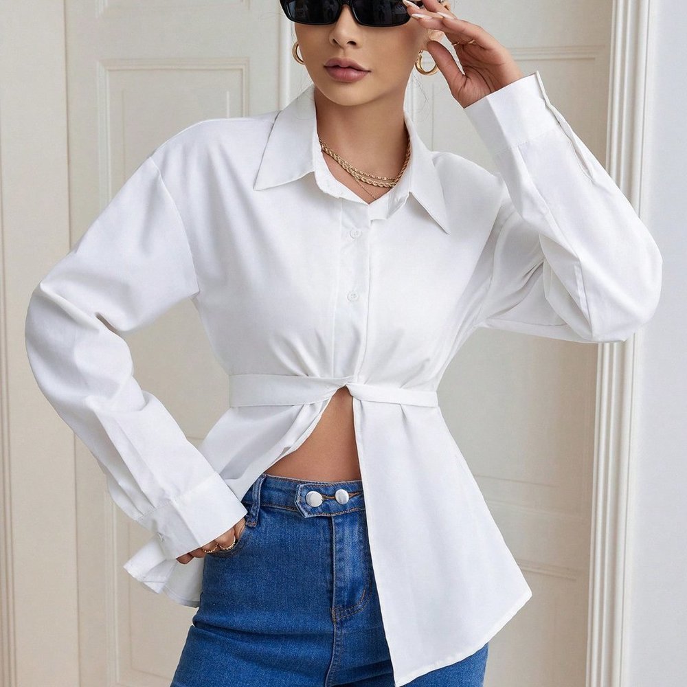 White Casual Womens Solid Button Front Belted Shirt - Picture 4 of 6
